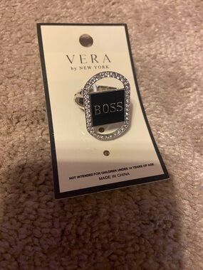 Boss Silver Ring with Black Center and Crystal Accents